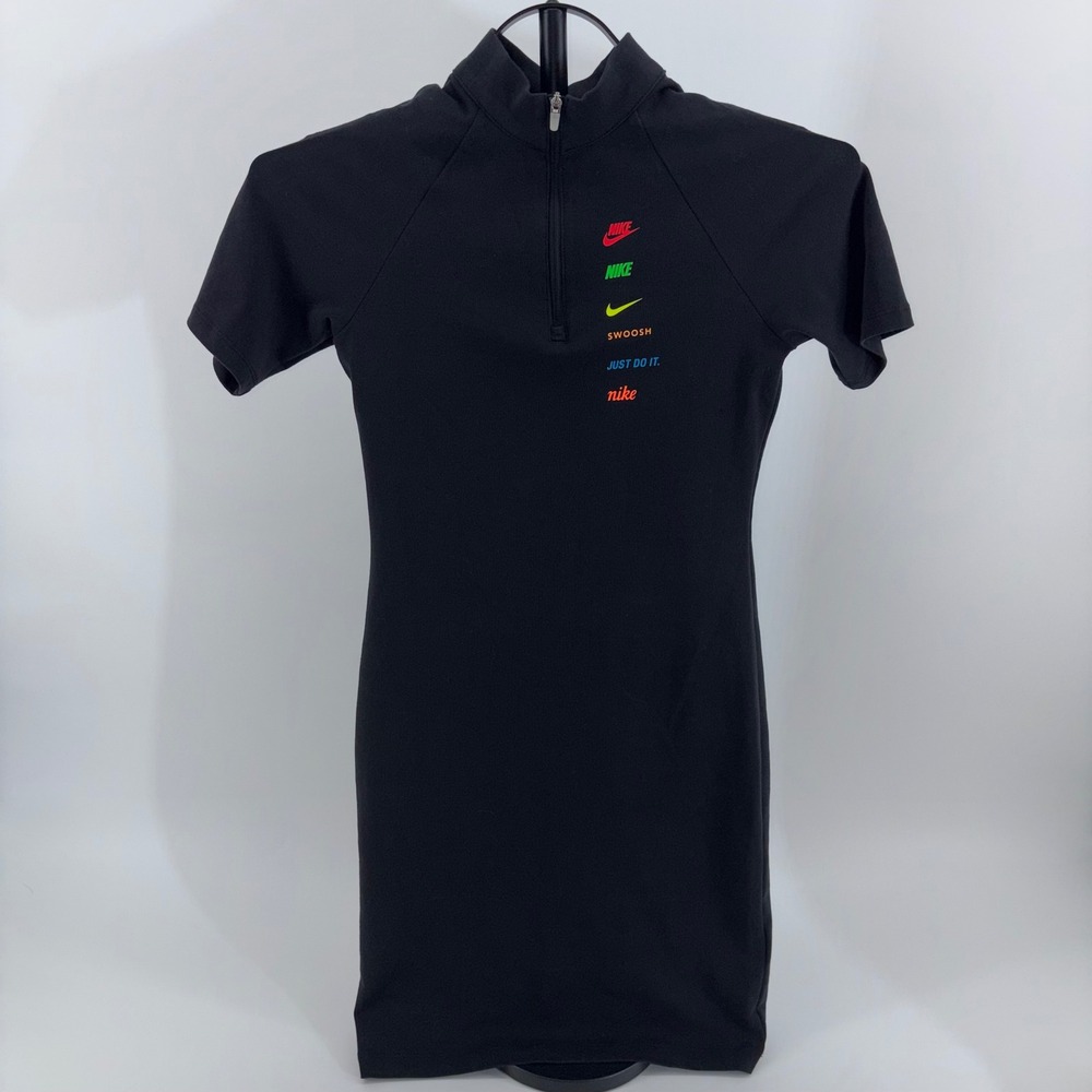 Nike Sportswear Womens Black Quarter Zip Bodycon Mini Dress Multi Logo XS
